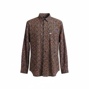 French Crown Mens Floral Mandarin Collar Button Down Shirt 42 Navy Orange Pink